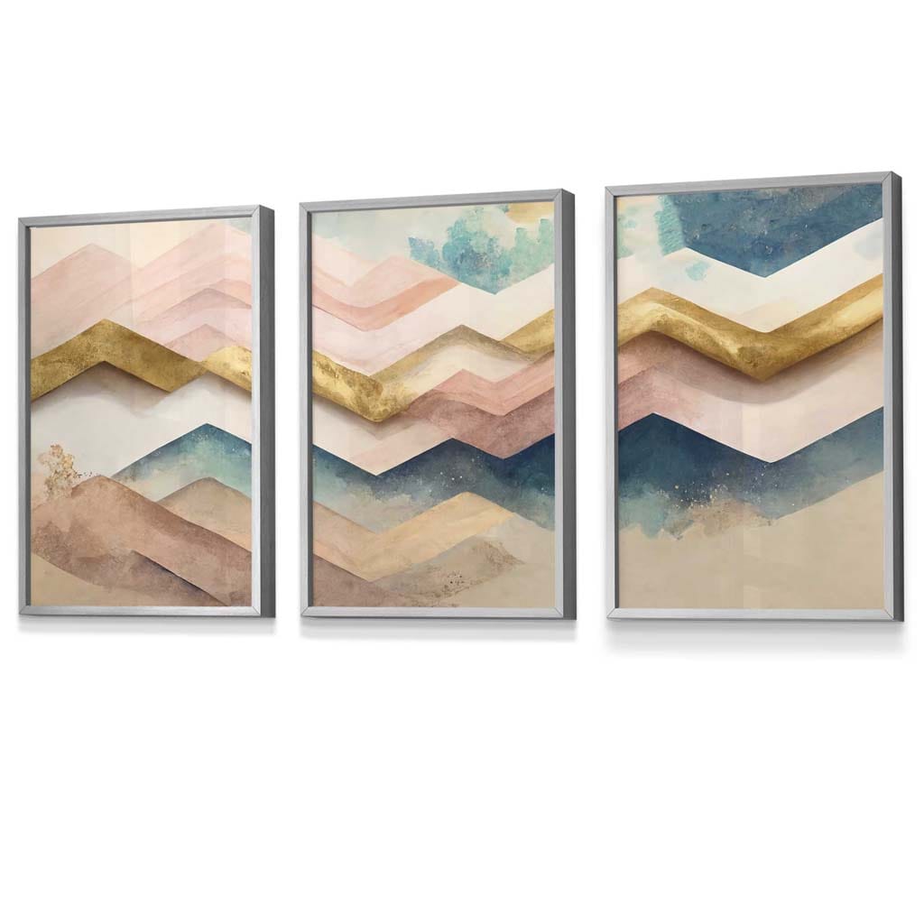 Set of 3 Herringbone Abstract in Pastel Pink and Gold Framed Wall Art Prints | Artze Wall Art UK