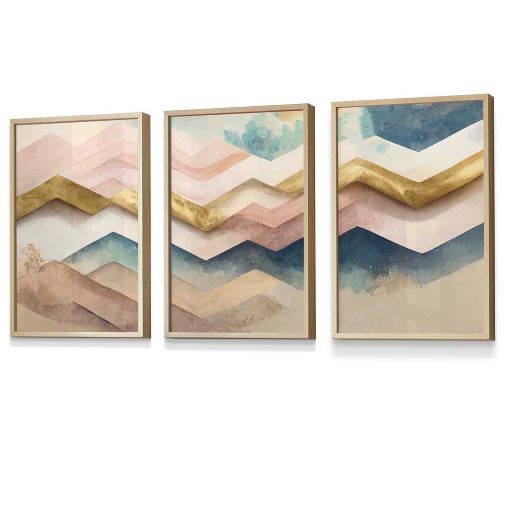 Set of 3 Herringbone Abstract in Pastel Pink and Gold Framed Wall Art Prints | Artze Wall Art UK