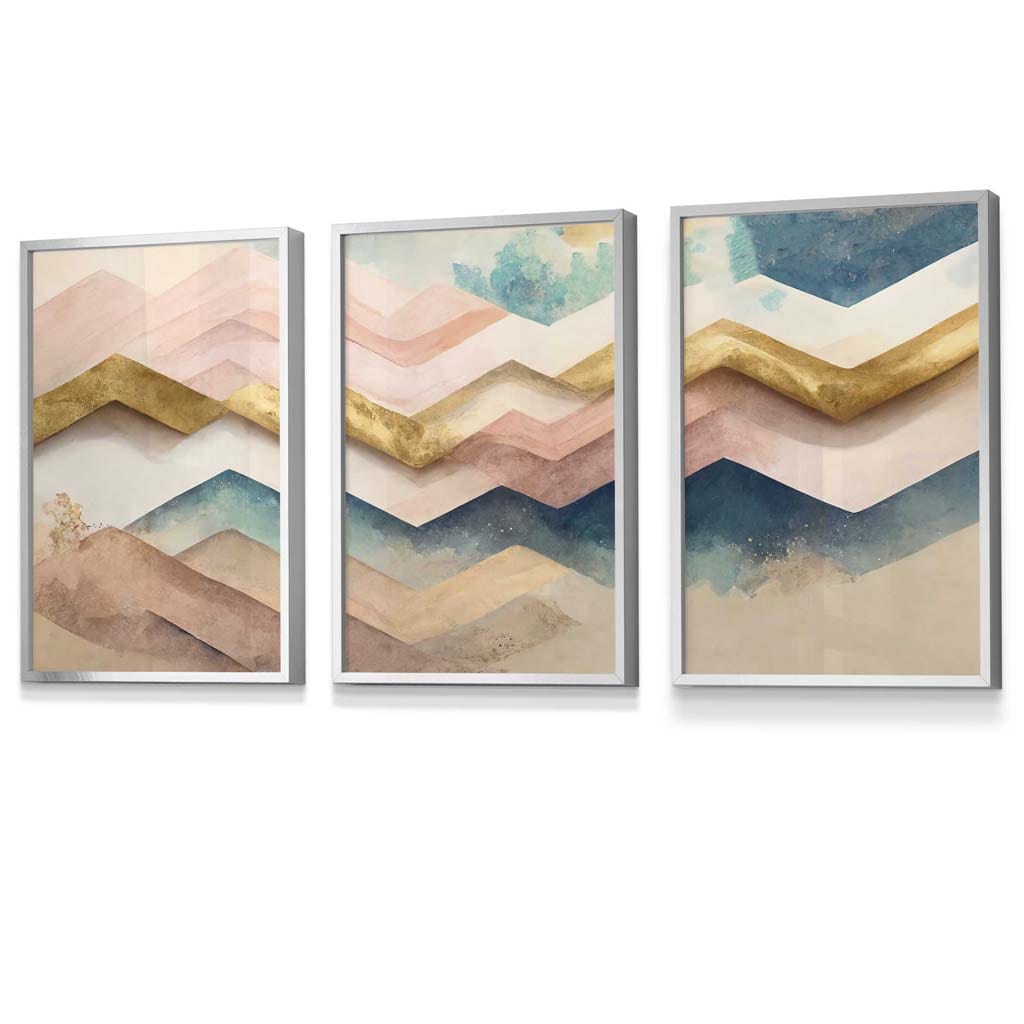 Set of 3 Herringbone Abstract in Pastel Pink and Gold Framed Wall Art Prints | Artze Wall Art UK