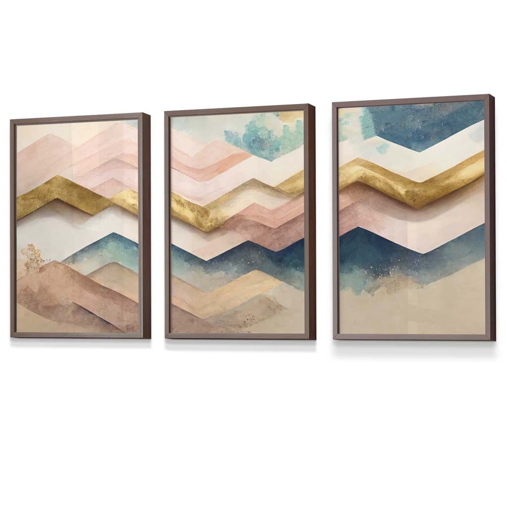 Set of 3 Herringbone Abstract in Pastel Pink and Gold Framed Wall Art Prints | Artze Wall Art UK