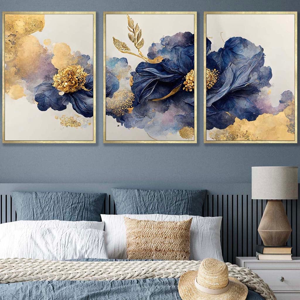 Set of 3 Oriental Abstract Flowers in Purple and Gold Wall Art Prints