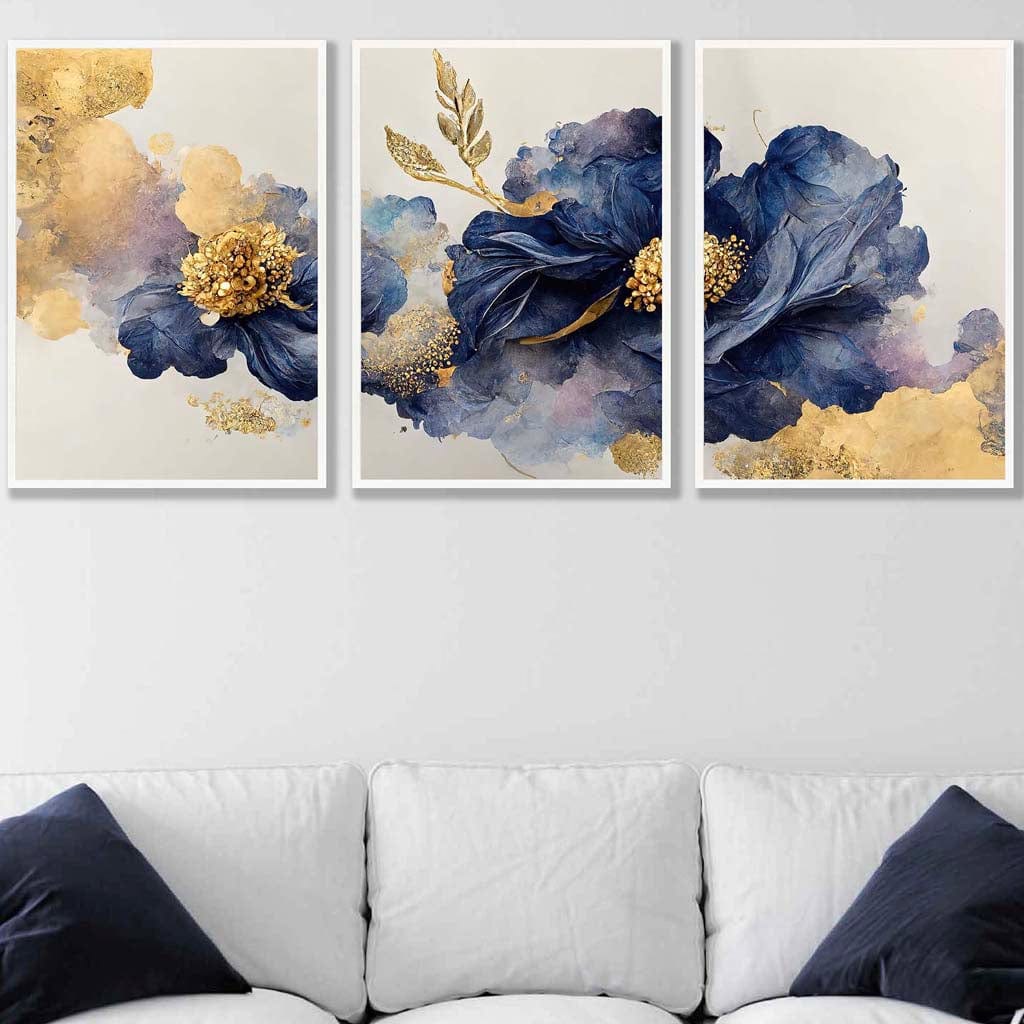 Set of 3 Oriental Abstract Flowers in Purple and Gold Wall Art Prints