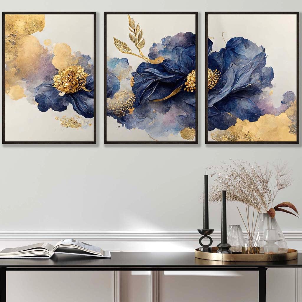 Set of 3 Oriental Abstract Flowers in Purple and Gold Wall Art Prints