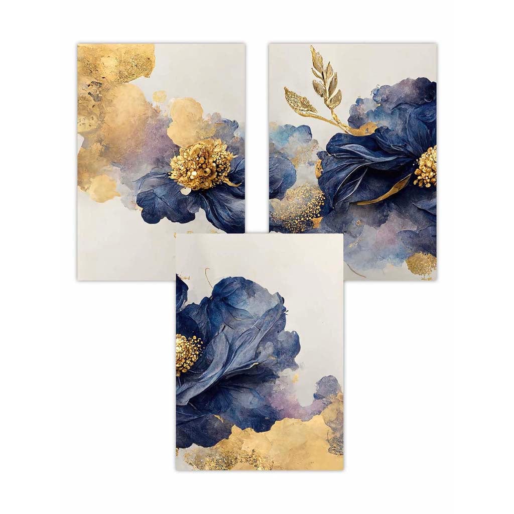 Set of 3 Oriental Abstract Flowers in Purple and Gold Wall Art Prints