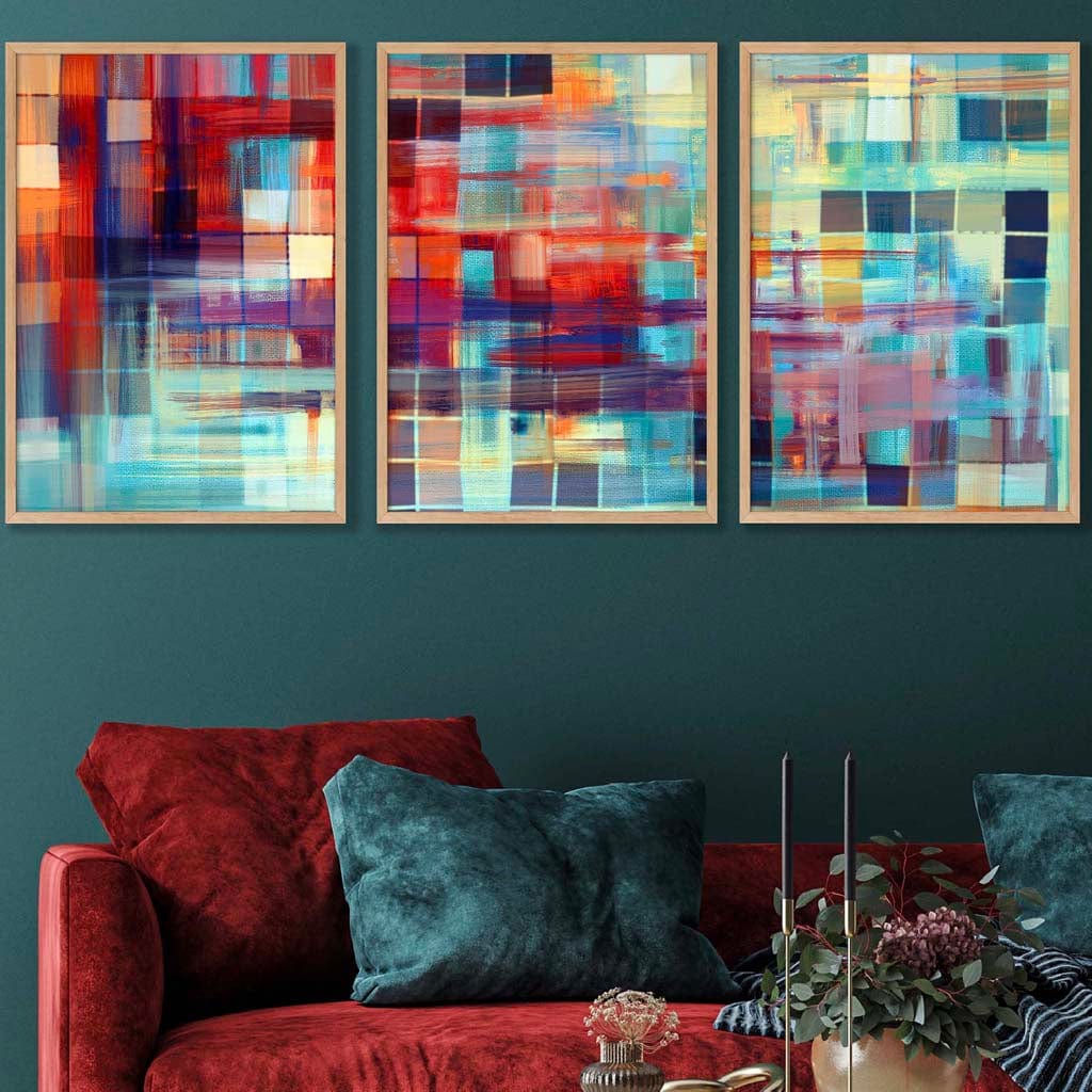 Set of 3 Geometric Abstract Colourful Squares Wall Art Prints