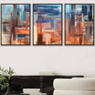 Set of 3 Geometric Abstract Sunset City In Blue and Orange Wall Art Prints