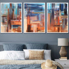 Set of 3 Geometric Abstract Sunset City In Blue and Orange Wall Art Prints