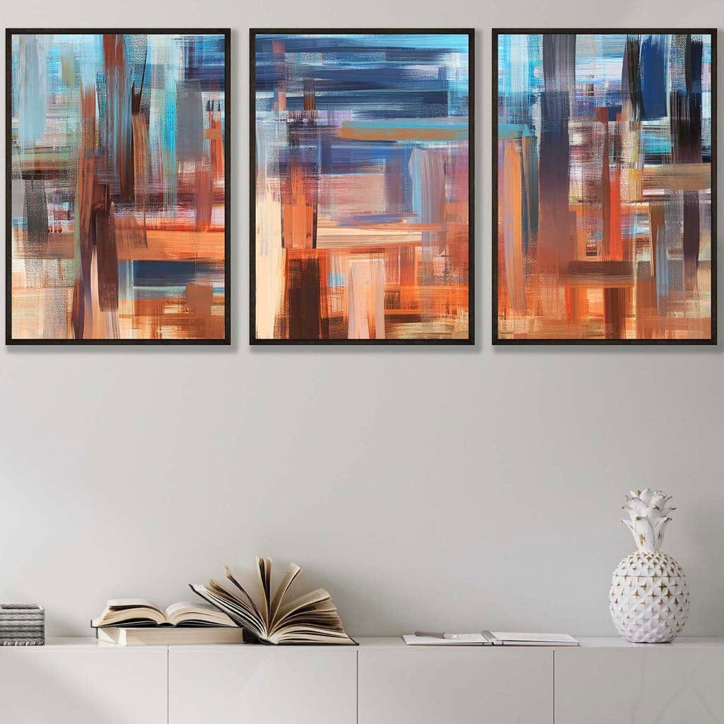 Set of 3 Geometric Abstract Sunset City In Blue and Orange Wall Art Prints