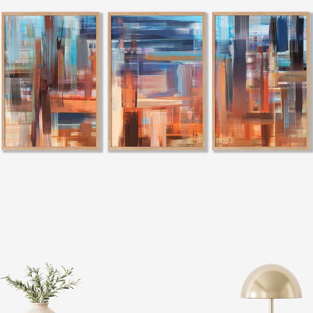 Set of 3 Geometric Abstract Sunset City In Blue and Orange Wall Art Prints