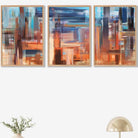 Set of 3 Geometric Abstract Sunset City In Blue and Orange Wall Art Prints