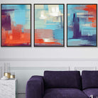 Set of 3 Geometric Abstract Sunset Plaza In Purple,Blue and Orange Wall Art Prints