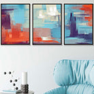 Set of 3 Geometric Abstract Sunset Plaza In Purple,Blue and Orange Wall Art Prints