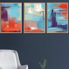 Set of 3 Geometric Abstract Sunset Plaza In Purple,Blue and Orange Wall Art Prints