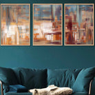 Set of 3 Geometric Abstract Urban Landscape In Blue Orange White Wall Art Prints
