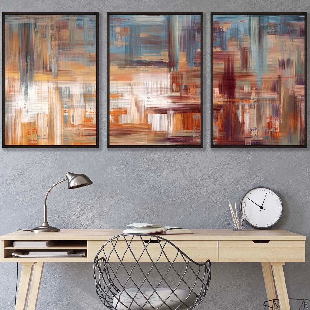 Set of 3 Geometric Abstract Urban Landscape In Blue Orange White Wall Art Prints