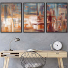 Set of 3 Geometric Abstract Urban Landscape In Blue Orange White Wall Art Prints