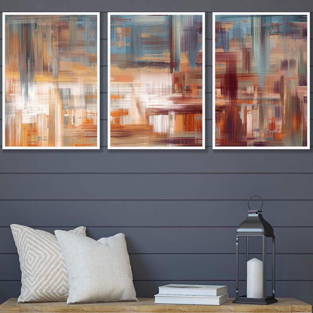 Set of 3 Geometric Abstract Urban Landscape In Blue Orange White Wall Art Prints