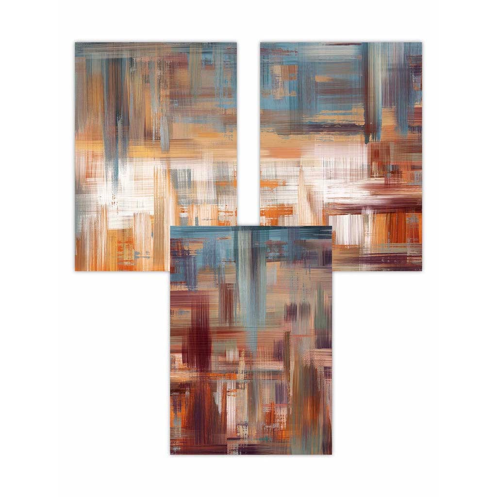 Set of 3 Geometric Abstract Urban Landscape In Blue Orange White Wall Art Prints