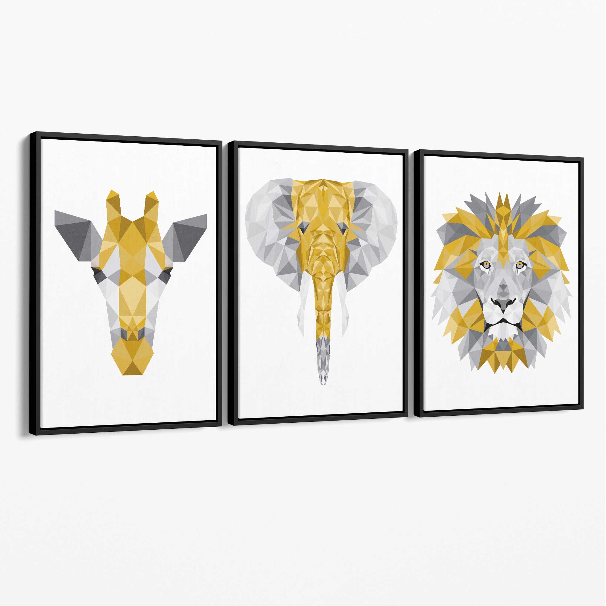 Set of 3 Yellow & Grey Jungle Giraffe Lion Elephant Canvas Art Prints with Black Float Frame