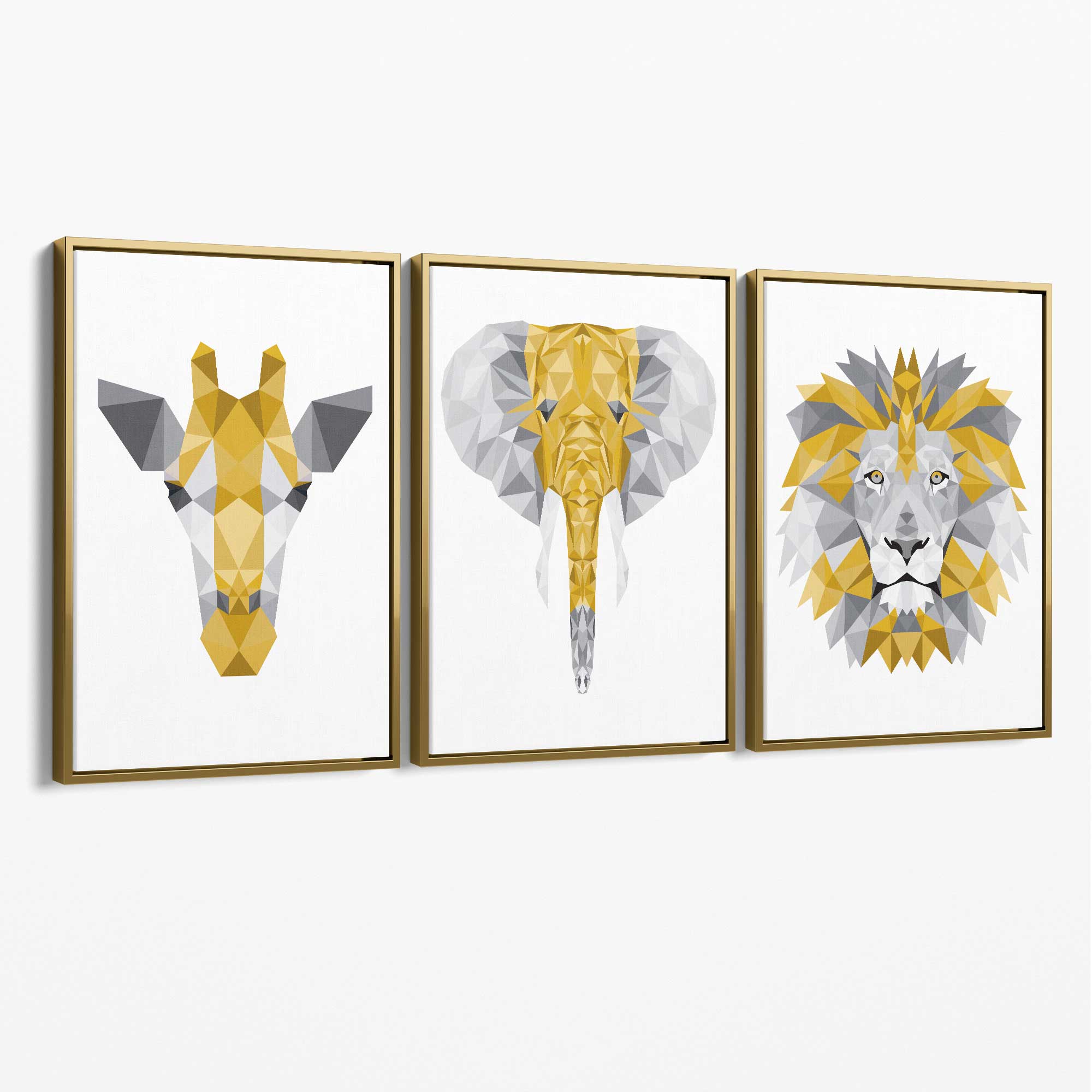 Set of 3 Yellow & Grey Jungle Giraffe Lion Elephant Canvas Art Prints with Gold Float Frame