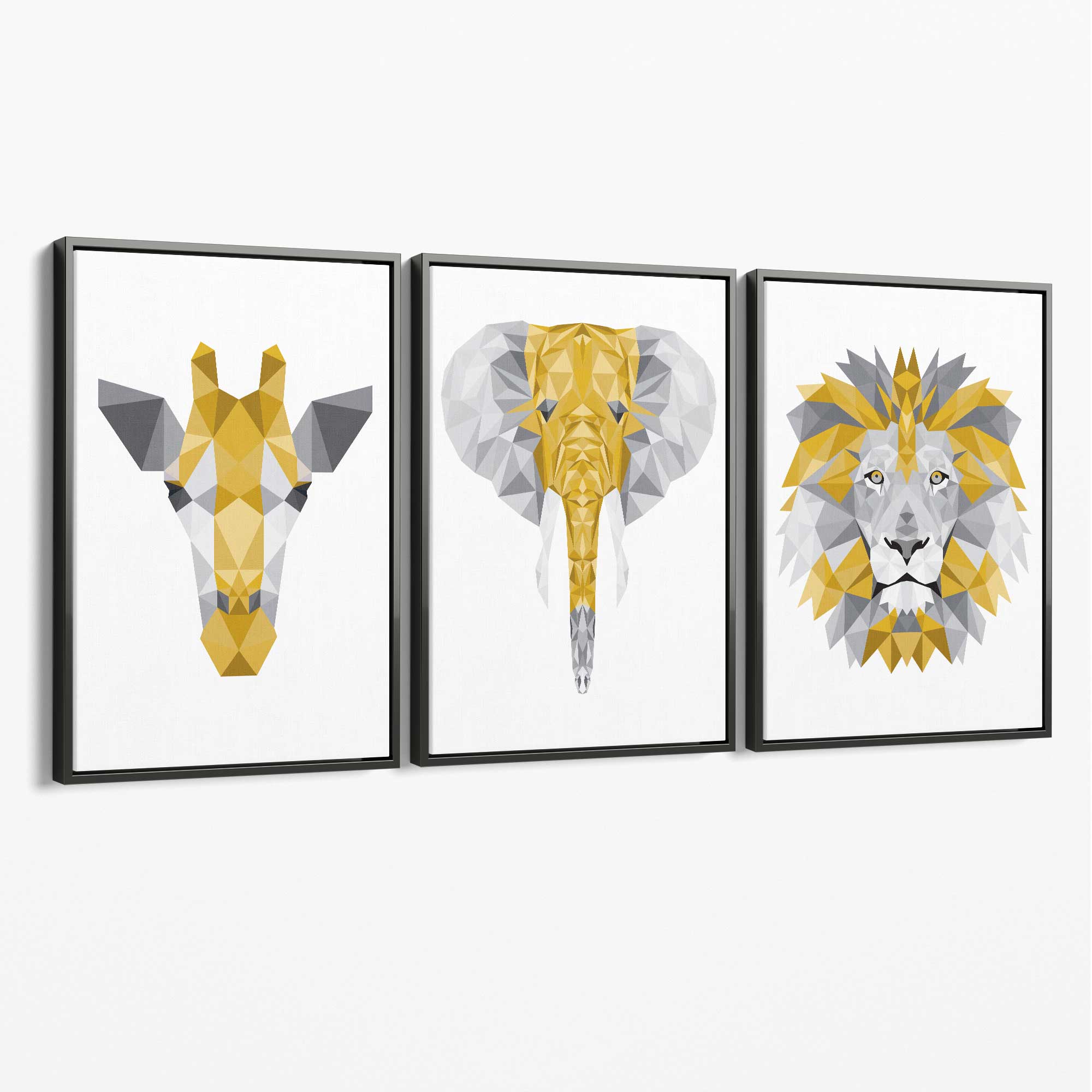 Set of 3 Yellow & Grey Jungle Giraffe Lion Elephant Canvas Art Prints with Grey Float Frame