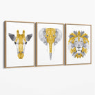 Set of 3 Yellow & Grey Jungle Giraffe Lion Elephant Canvas Art Prints with Oak Float Frame