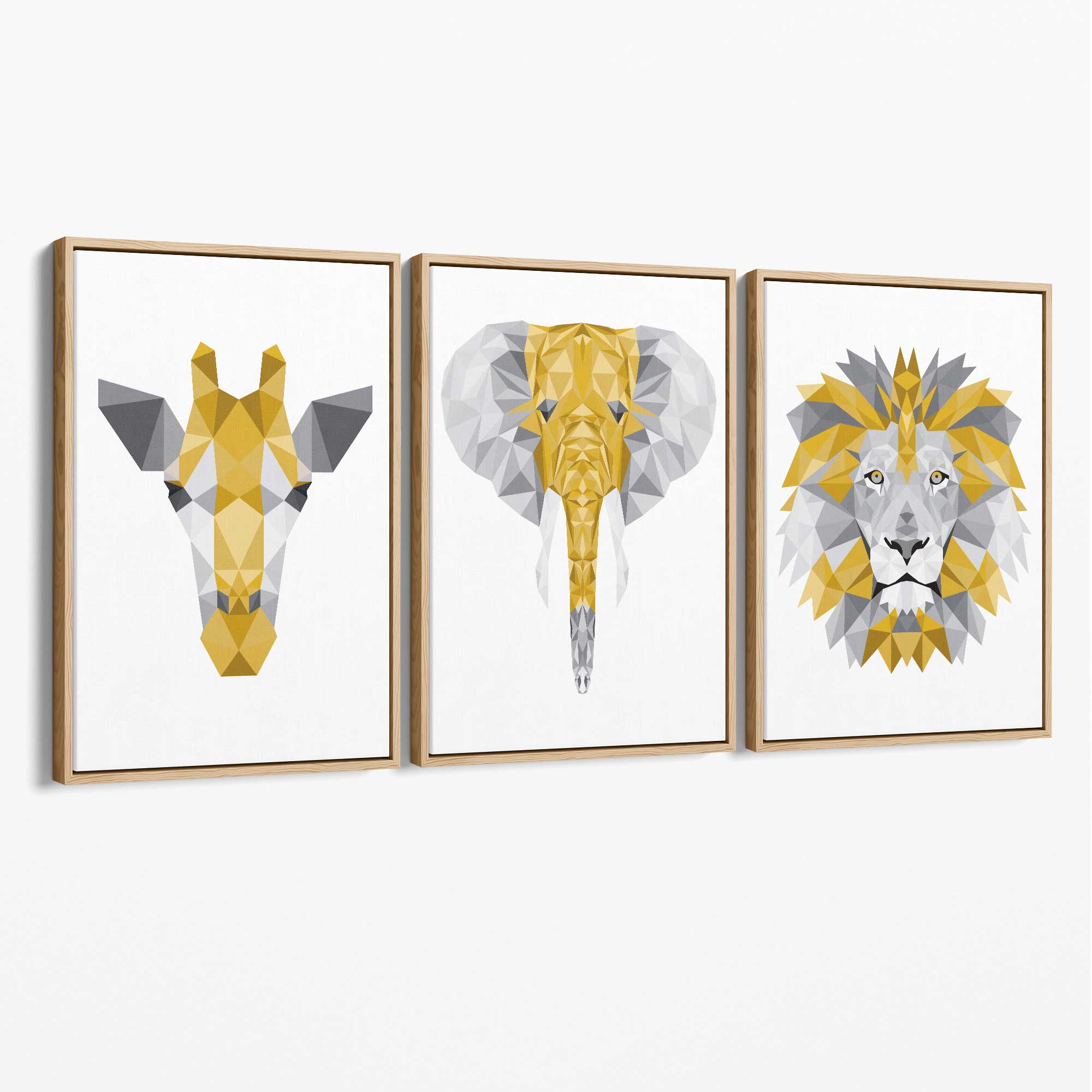 Set of 3 Yellow & Grey Jungle Giraffe Lion Elephant Canvas Art Prints with Oak Float Frame