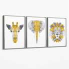 Set of 3 Yellow & Grey Jungle Giraffe Lion Elephant Canvas Art Prints with Silver Float Frame