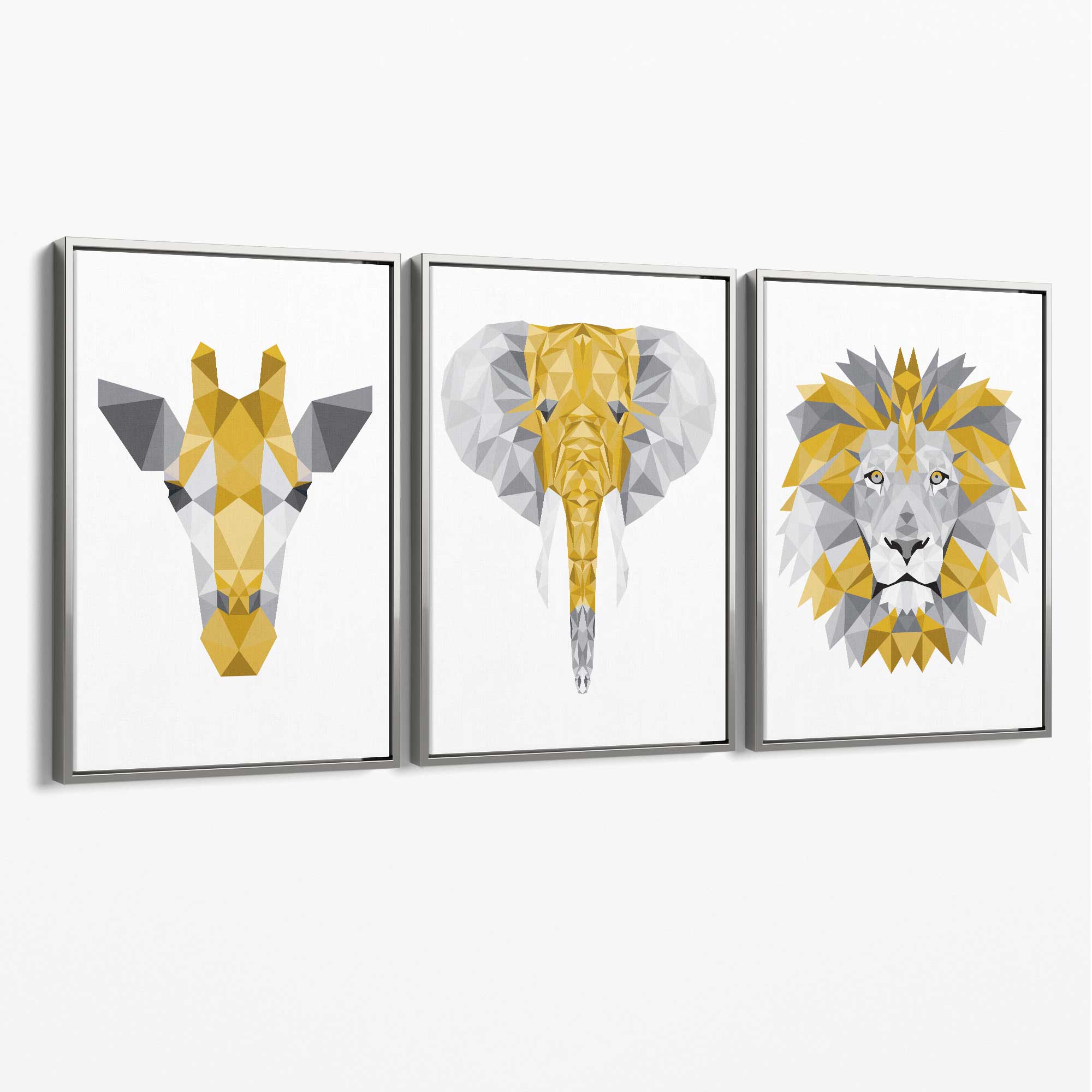 Set of 3 Yellow & Grey Jungle Giraffe Lion Elephant Canvas Art Prints with Silver Float Frame