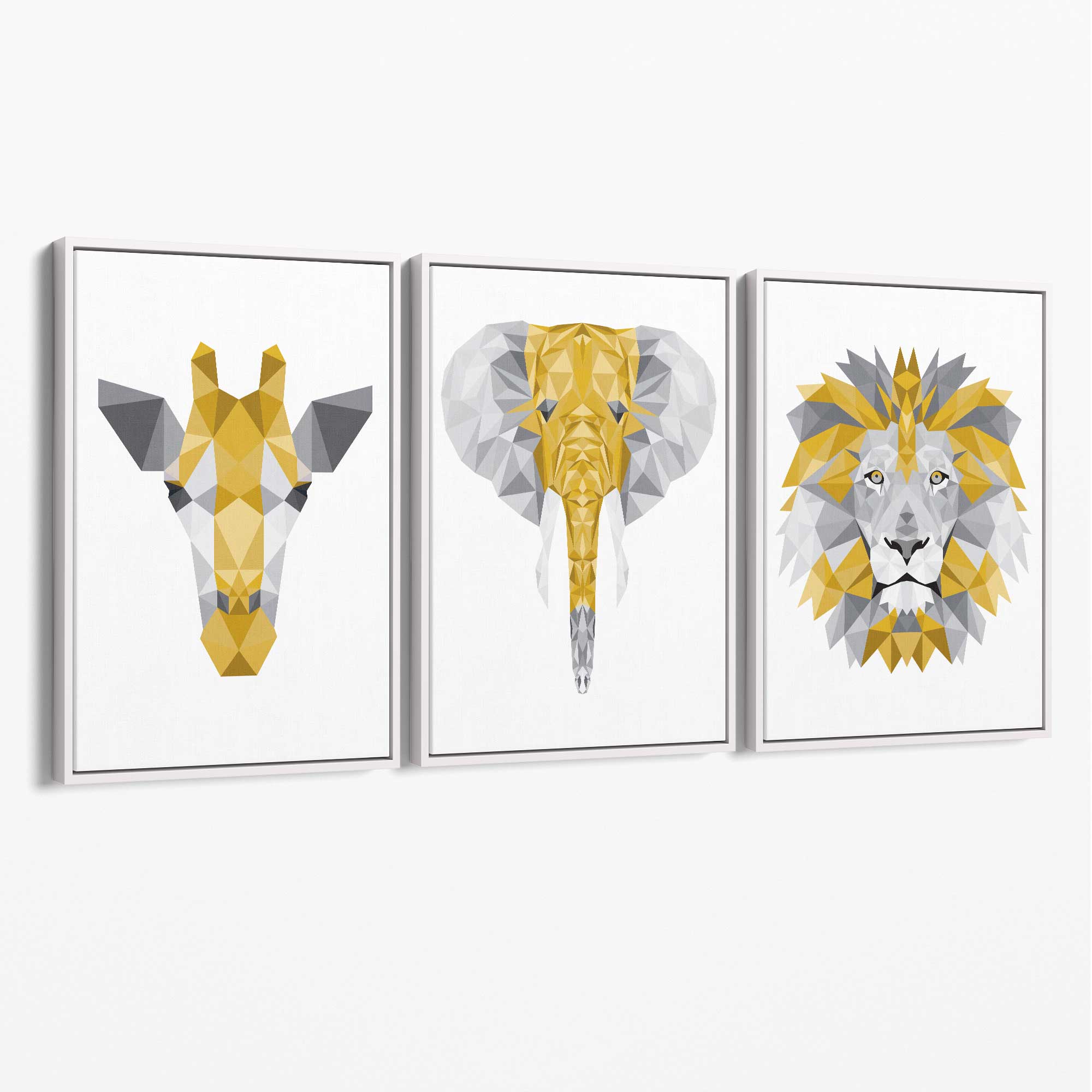 Set of 3 Yellow & Grey Jungle Giraffe Lion Elephant Canvas Art Prints with White Float Frame