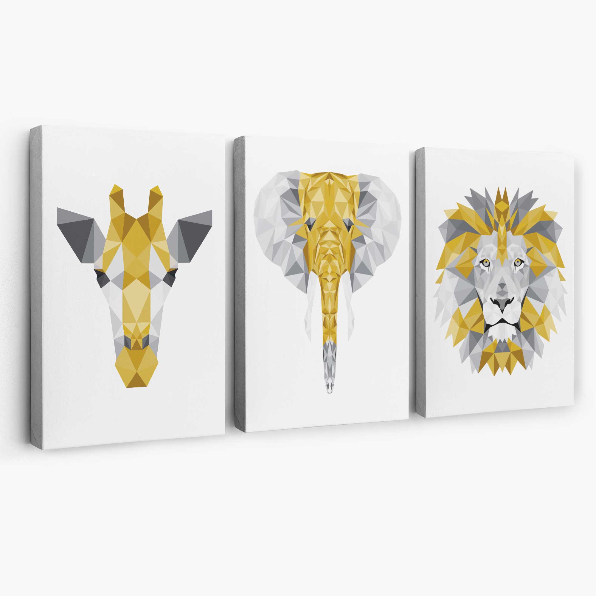 Set of 3 Yellow & Grey Jungle Giraffe Lion Elephant Canvas Art Prints | Artze Wall Art