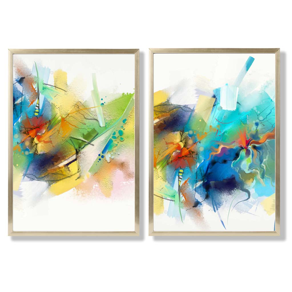 Abstract Fractal Blue Green Set of 2 Art Prints with Gold Frame