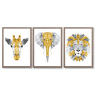 Set of 3 Yellow & Grey Jungle Giraffe Lion Elephant Framed Art Prints with Light Walnut Frames