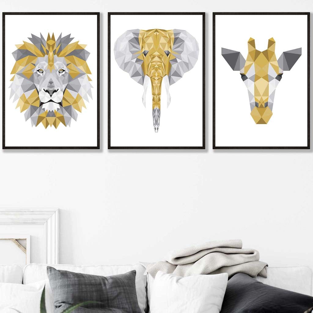 Set of 3 Geometric Yellow and Grey Jungle Heads Lion Elephant Giraffe