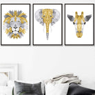 Set of 3 Geometric Yellow and Grey Jungle Heads Lion Elephant Giraffe