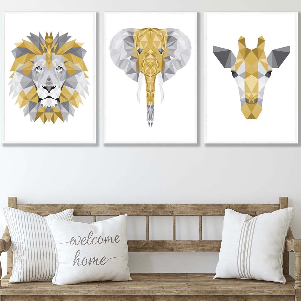 Set of 3 Geometric Yellow and Grey Jungle Heads Lion Elephant Giraffe