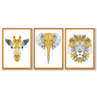Set of 3 Yellow & Grey Jungle Giraffe Lion Elephant Framed Art Prints with Oak Wooden Frames
