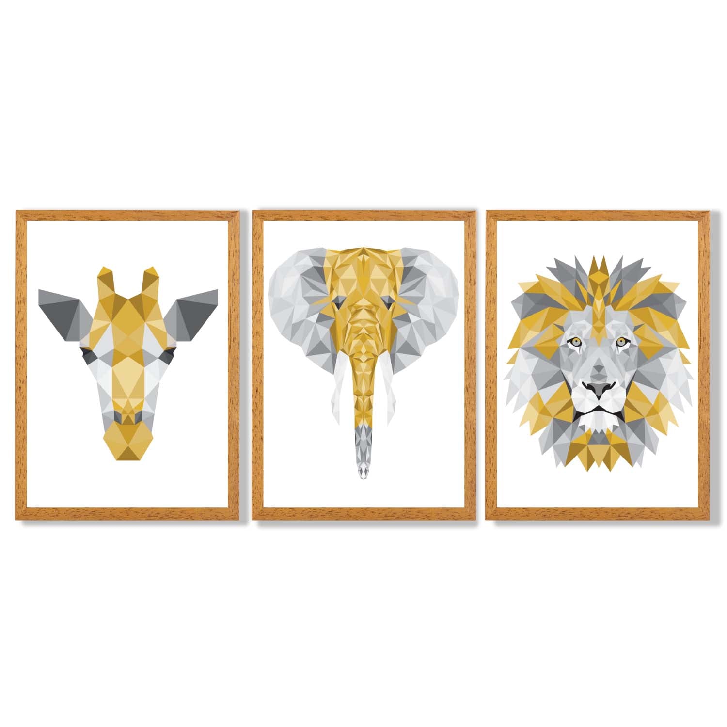 Set of 3 Yellow & Grey Jungle Giraffe Lion Elephant Framed Art Prints with Oak Wooden Frames