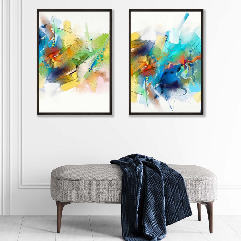 Abstract Fractal Blue, Green and Yellow Colourful Art Prints Set | Artze Wall Art UK