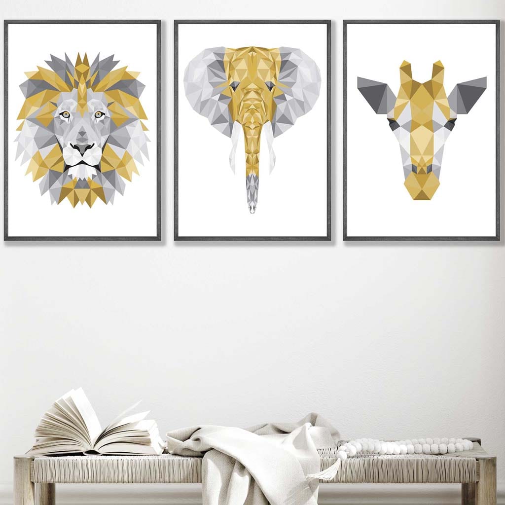 Set of 3 Geometric Yellow and Grey Jungle Heads Lion Elephant Giraffe