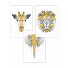 Set of 3 Geometric Yellow and Grey Jungle Heads Lion Elephant Giraffe