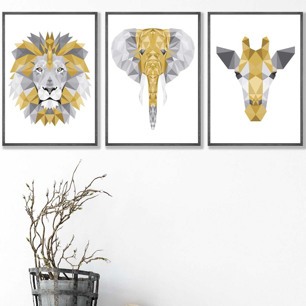 Set of 3 Geometric Yellow and Grey Jungle Heads Lion Elephant Giraffe
