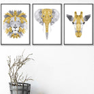 Set of 3 Geometric Yellow and Grey Jungle Heads Lion Elephant Giraffe