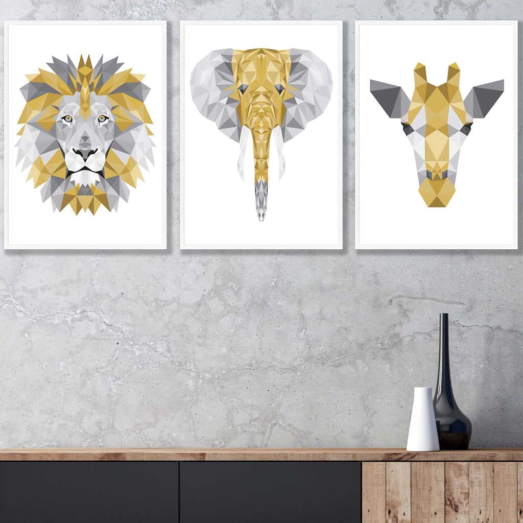 Set of 3 Geometric Yellow and Grey Jungle Heads Lion Elephant Giraffe