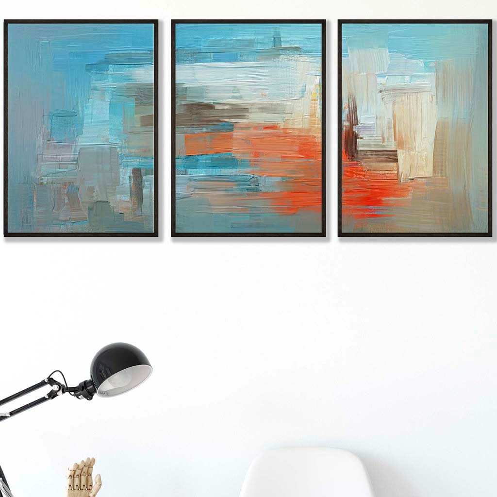 Set of 3 Geometric Abstract Ocean Liner In Blue Orange White Wall Art Prints