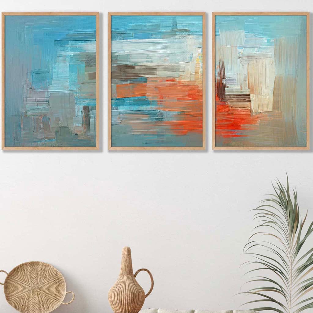 Set of 3 Geometric Abstract Ocean Liner In Blue Orange White Wall Art Prints