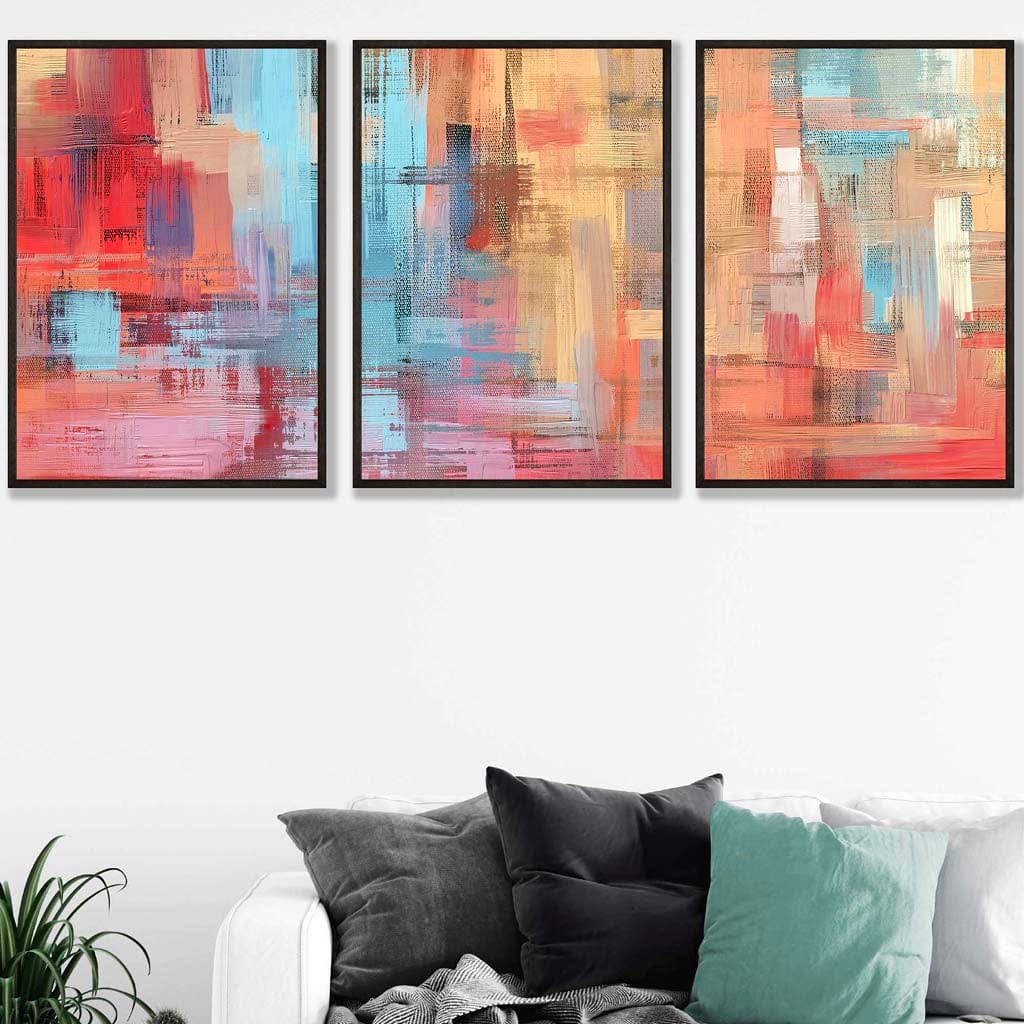 Set of 3 Geometric Abstract Strokes In Red Blue Yellow Wall Art Prints