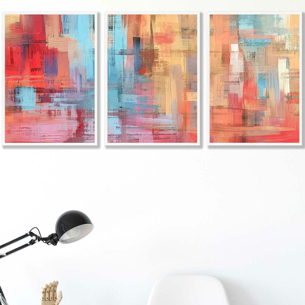 Set of 3 Geometric Abstract Strokes In Red Blue Yellow Wall Art Prints