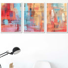 Set of 3 Geometric Abstract Strokes In Red Blue Yellow Wall Art Prints
