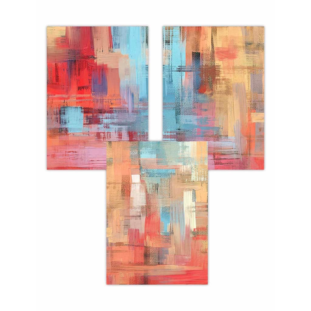Set of 3 Geometric Abstract Strokes In Red Blue Yellow Wall Art Prints